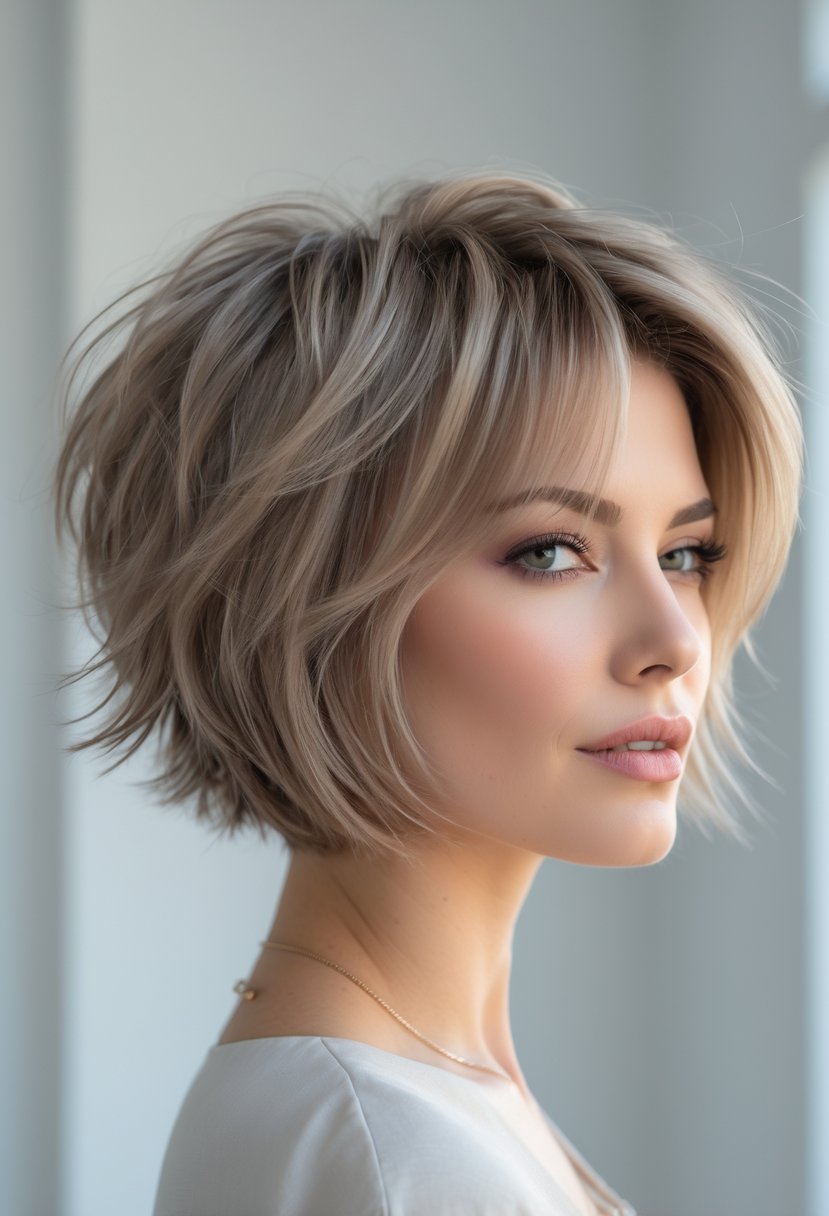 Close-up portrait of a woman with short layered hair in a bright studio setting.
