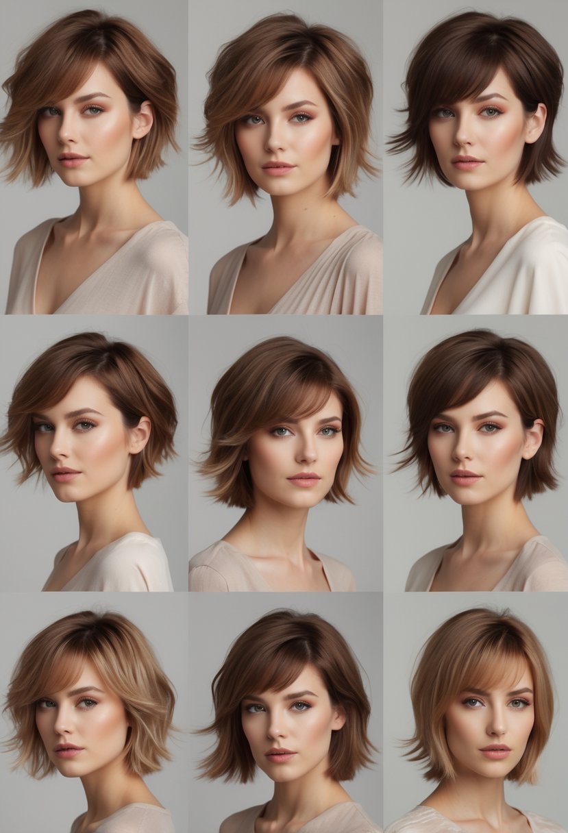 A group of women with short layered haircuts featuring side bangs, posing in a studio setting.