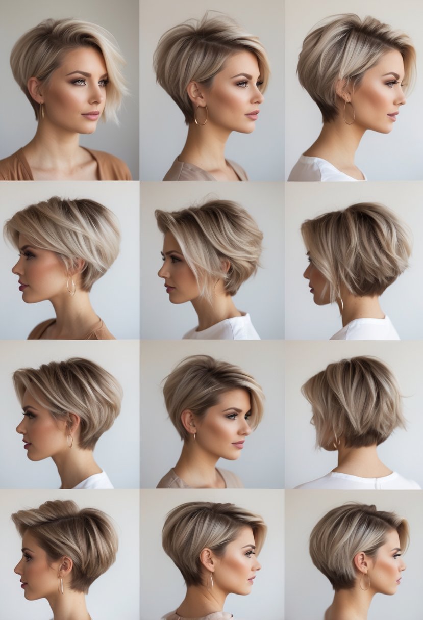 A group of women with short layered haircuts posing in a studio with a neutral background.