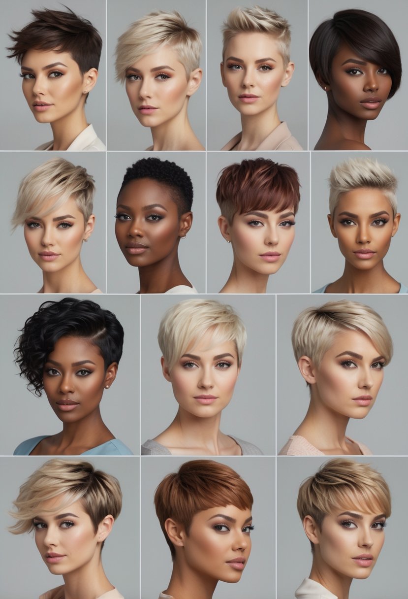 Thirteen women with different short haircuts standing together in a studio setting.