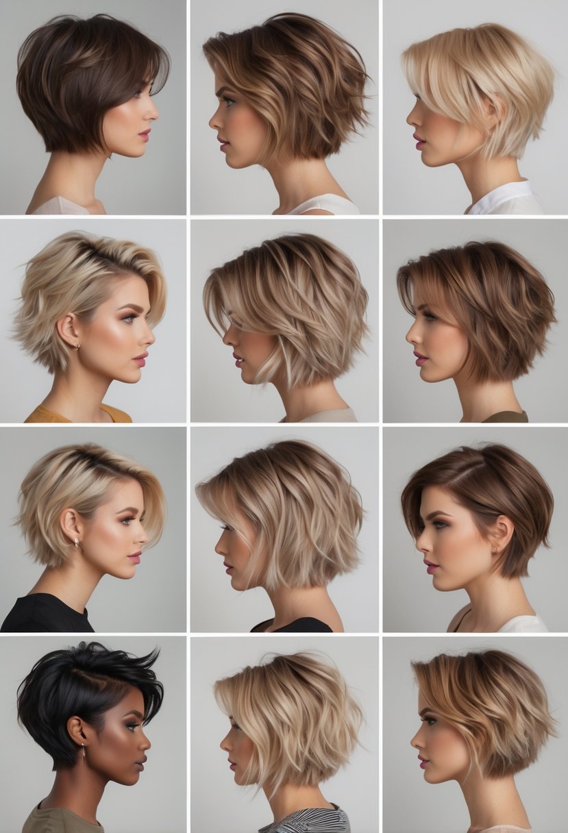 A collage of 15 different short layered haircuts on diverse models with a neutral background.