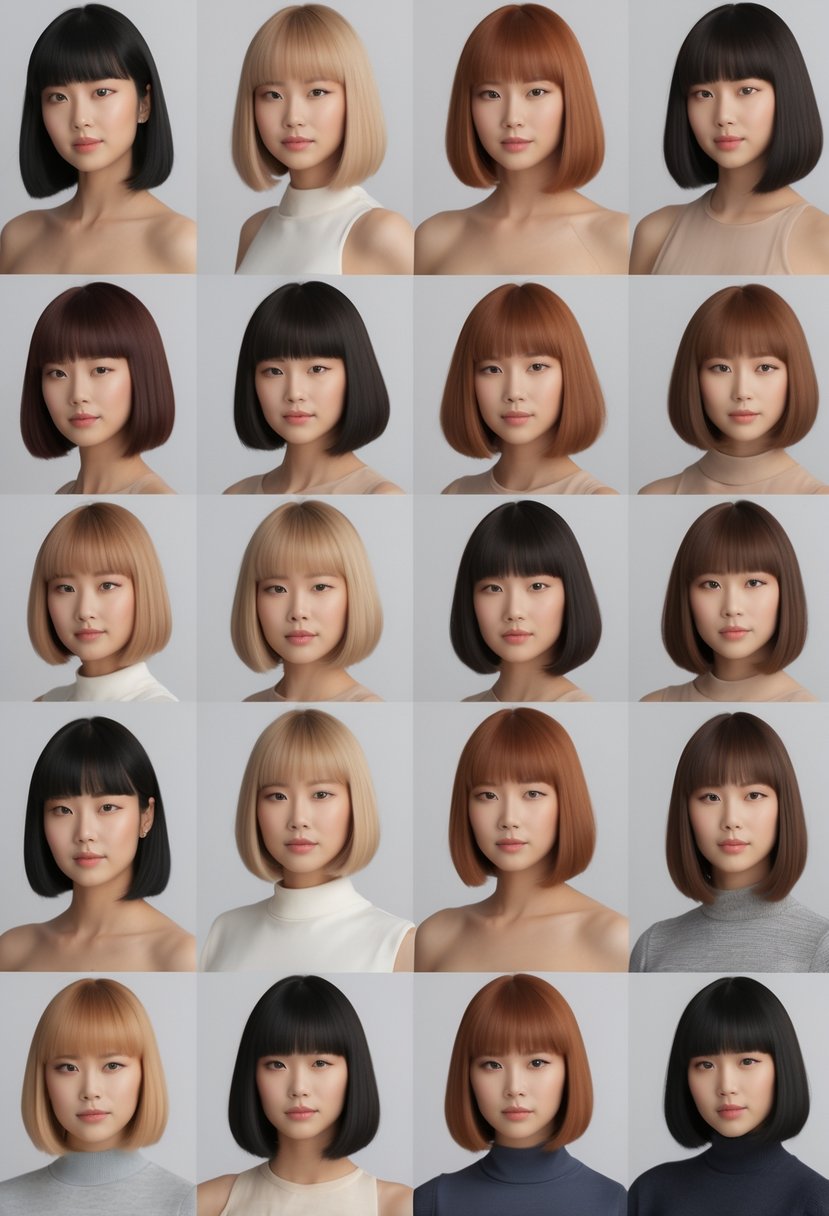 Thirteen women with short bob haircuts posing together in a studio with a plain background.