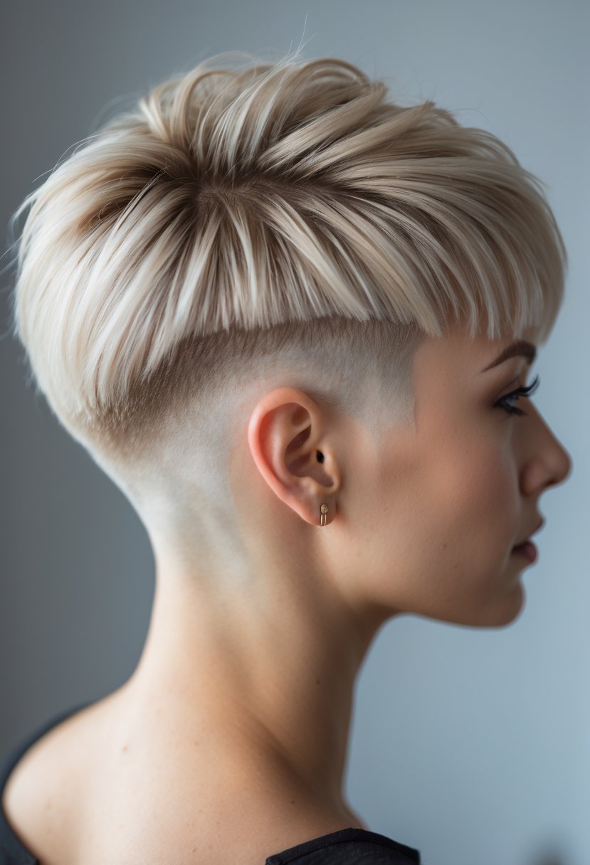 Close-up of a person with short layered hair and shaved sides, showing a detailed haircut.