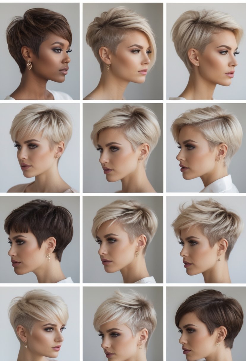 A group of women with various short textured pixie haircuts posing in a bright studio.