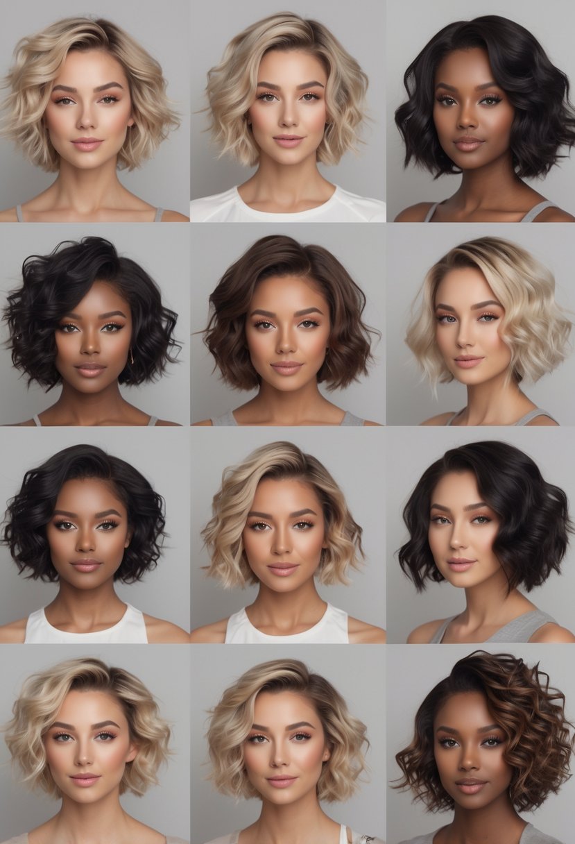 A group of women with various short layered curly hairstyles posing together in a studio with a plain background.