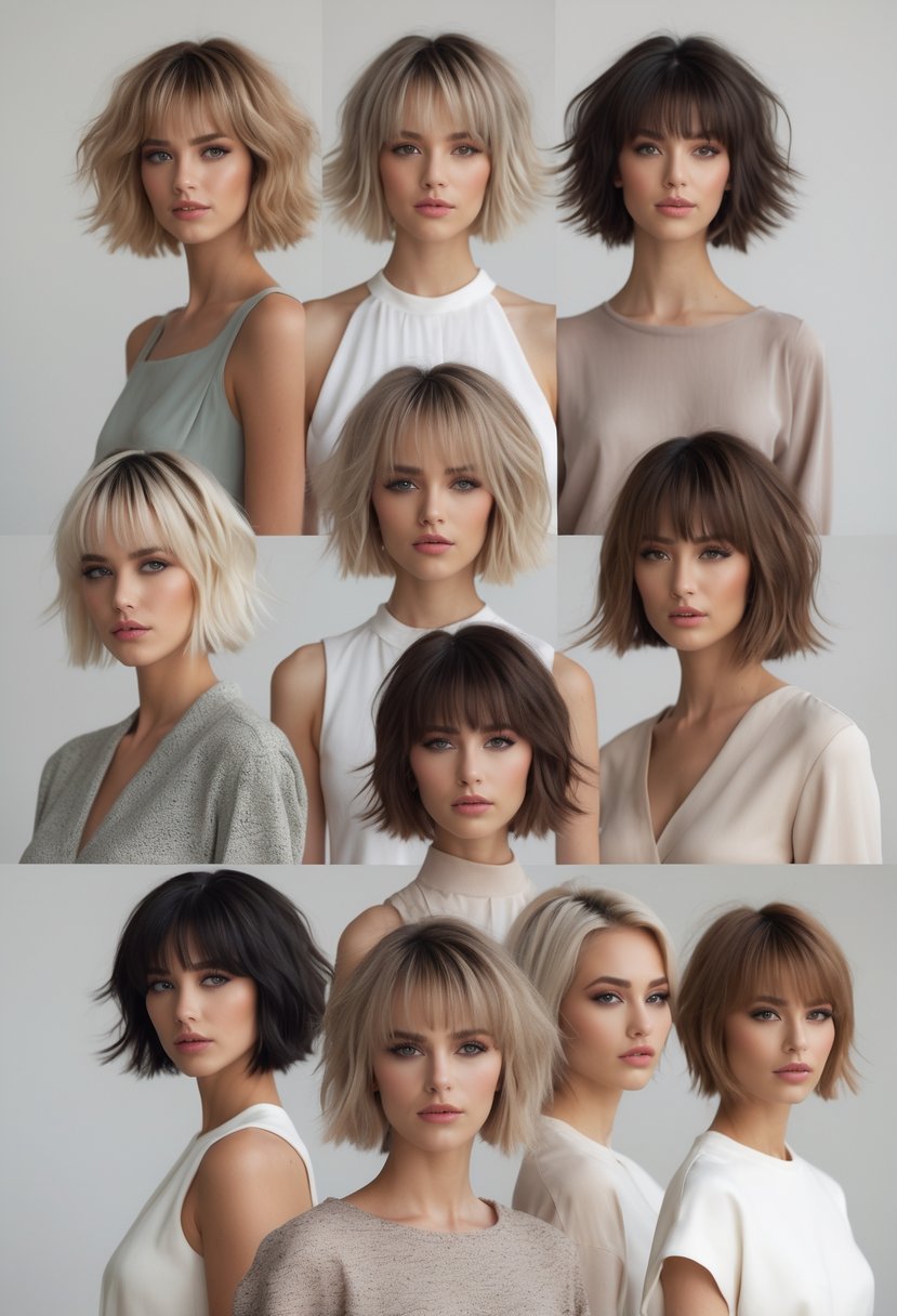 A group of 13 women with short layered bob haircuts posing together in a bright studio.