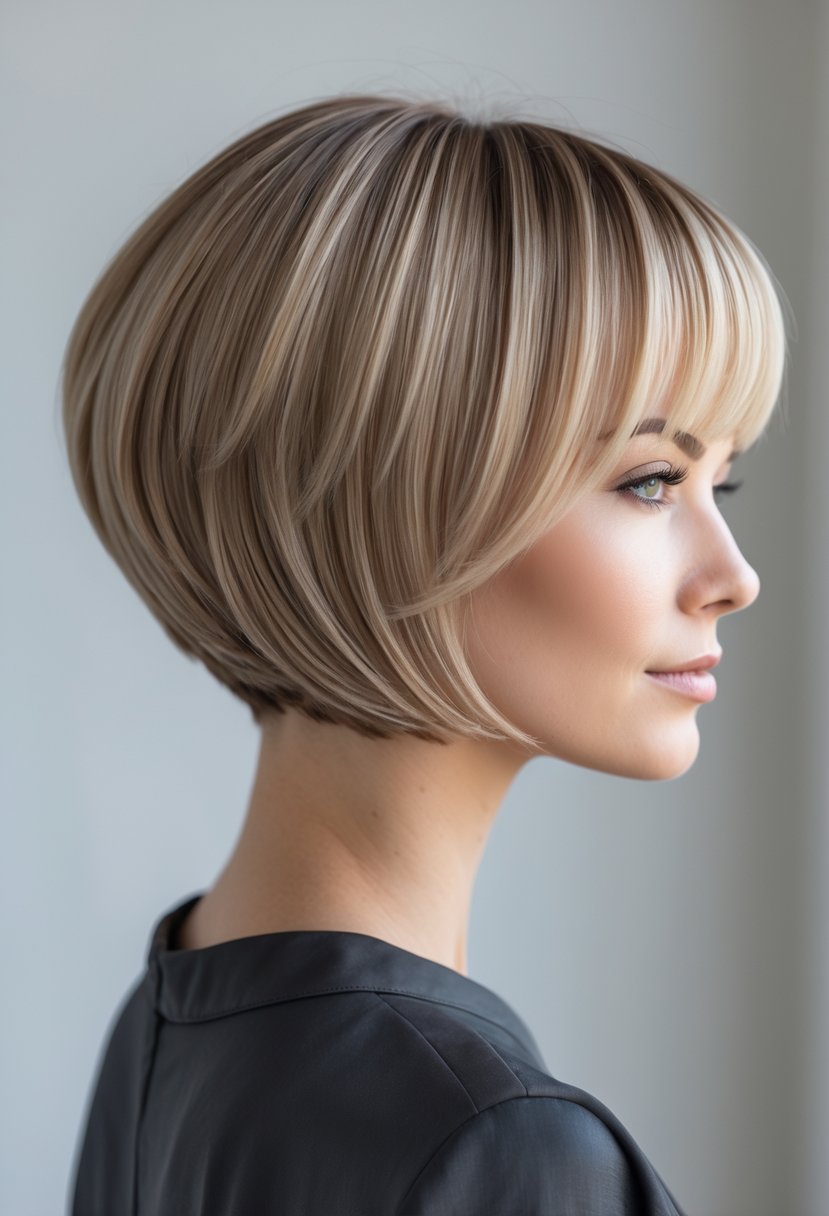 A woman with a short layered bob haircut, shown from the front and side against a plain background.