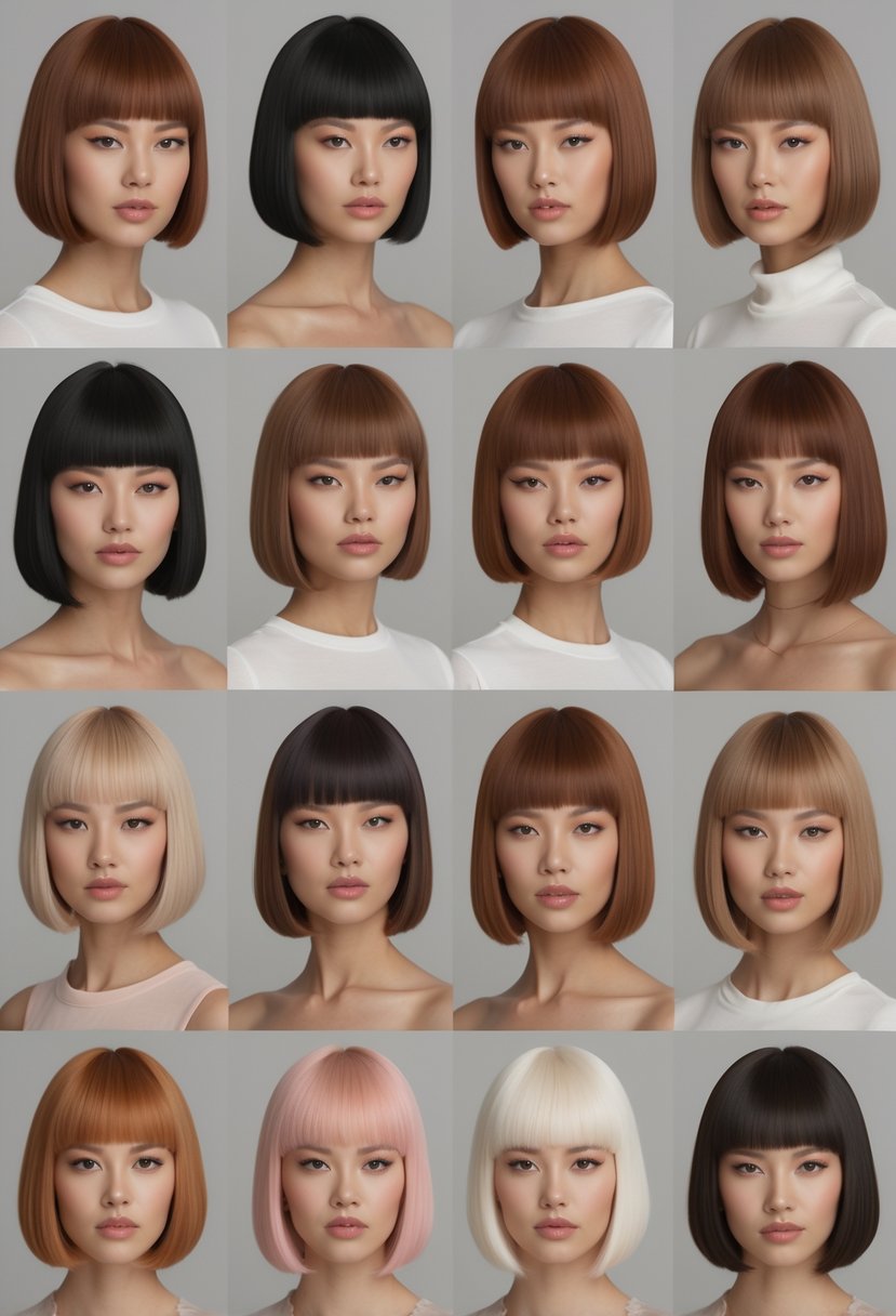 A group of 13 women with short blunt bob haircuts posing together in a studio setting.