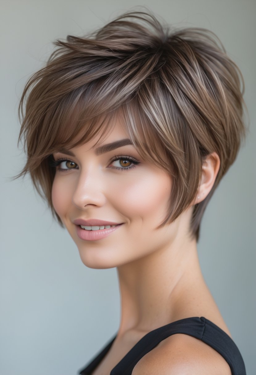 A woman with a short layered haircut and long bangs smiling against a plain background.