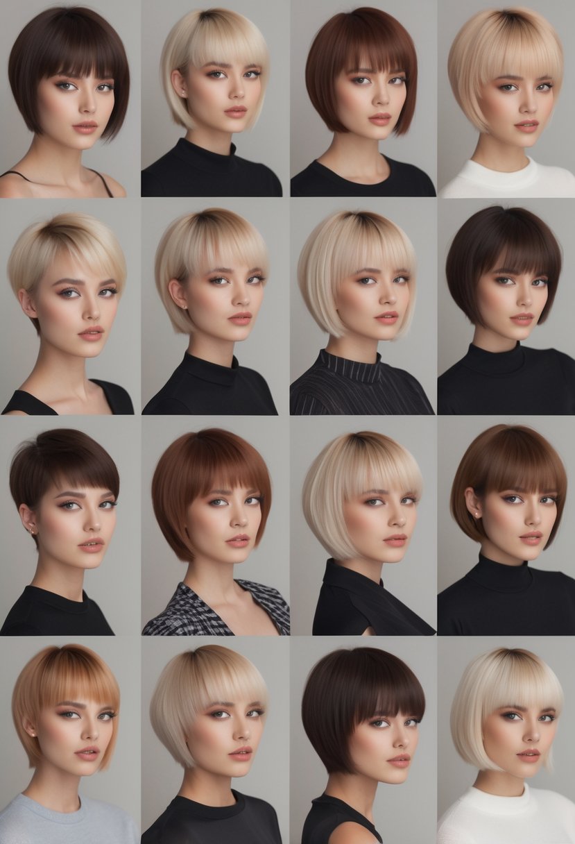A group of 15 women with short layered haircuts posing in a studio setting.