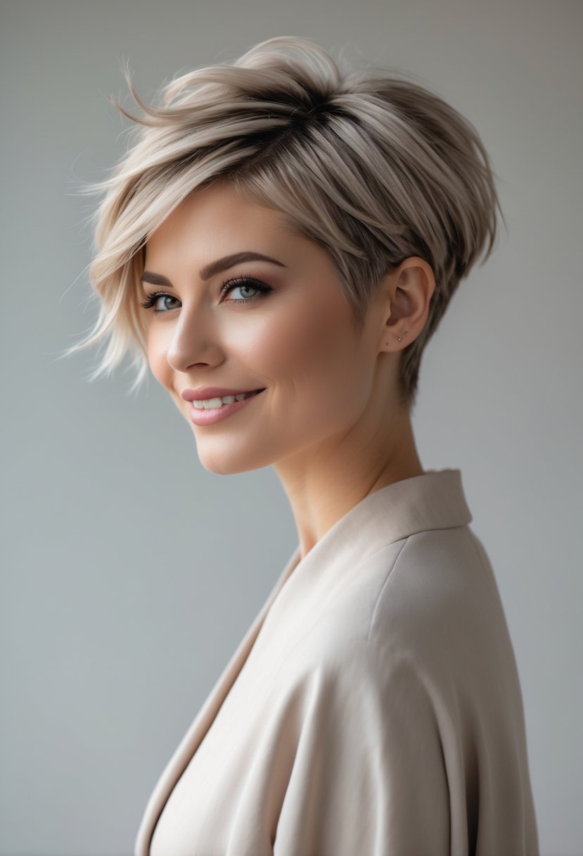 A woman with a short layered haircut smiling against a neutral background.