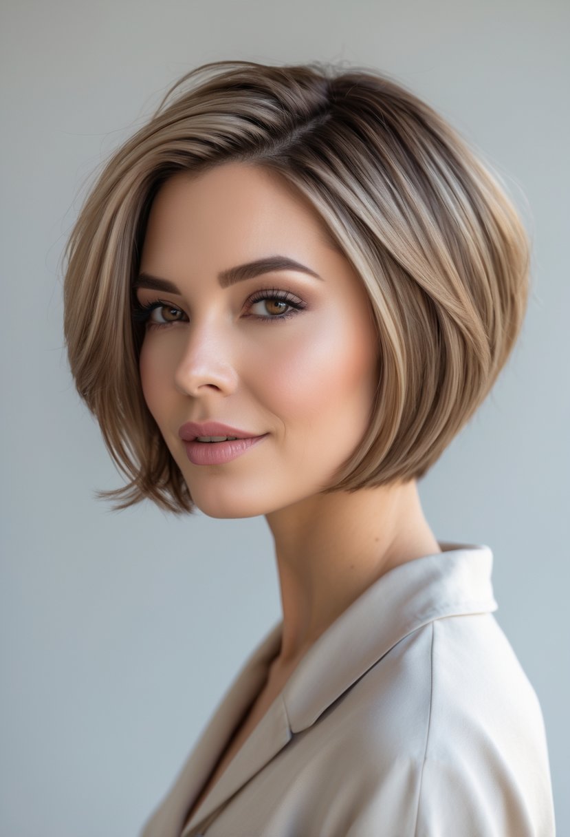 A woman with short layered hair posing against a plain background.