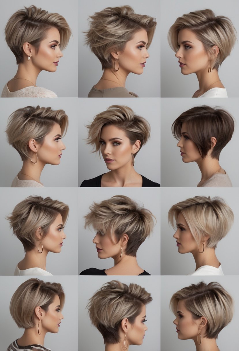 Thirteen women with different short wolf cut hairstyles posing together in a studio with a plain background.