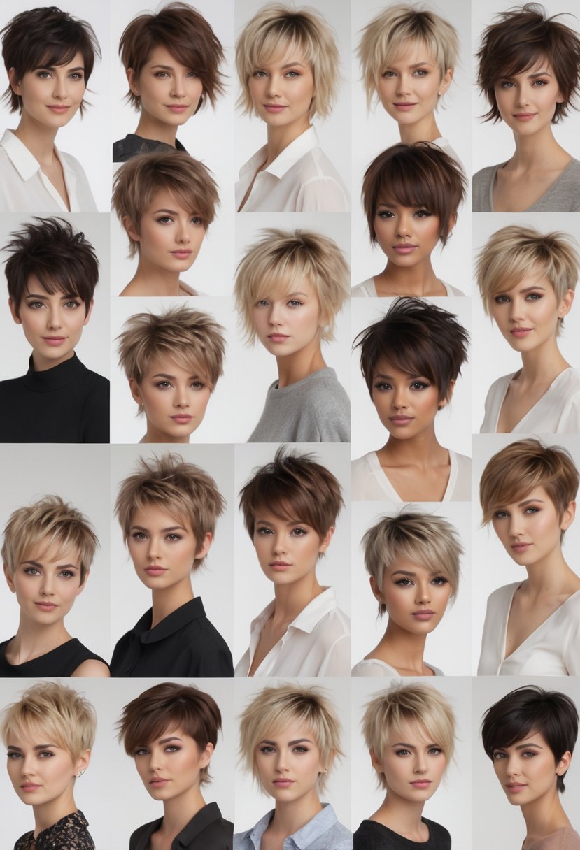 A group of people with different messy short layered haircuts posing in a bright studio.