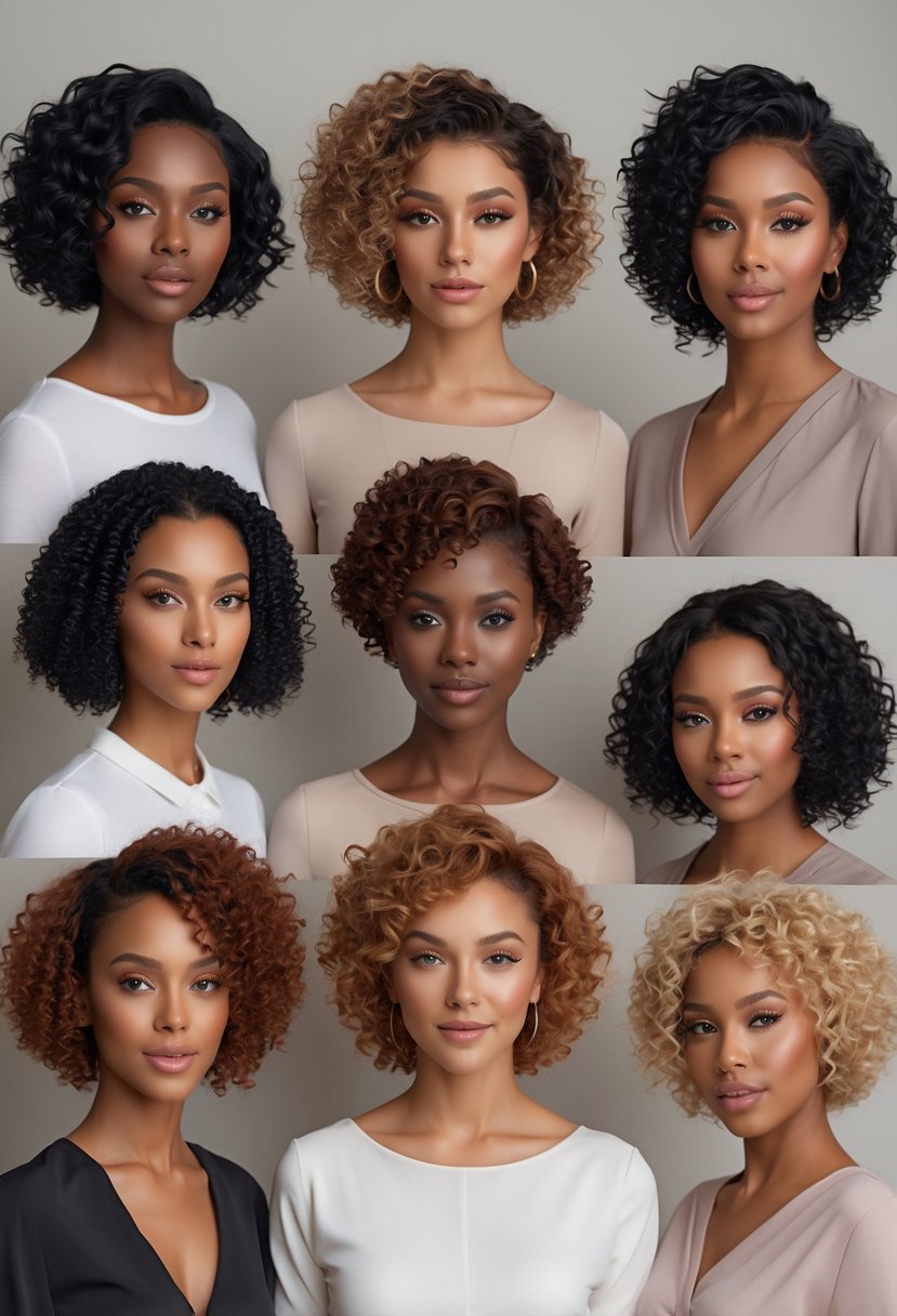 A group of 11 women with different short curly haircuts posing together in a studio with a neutral background.