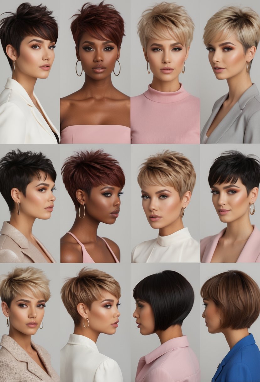 A group of thirteen women with short mullet haircuts posing in a studio with a neutral background.