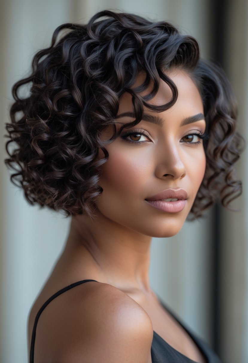 A woman with short curly hair styled in an angled bob, looking confidently at the camera against a neutral background.