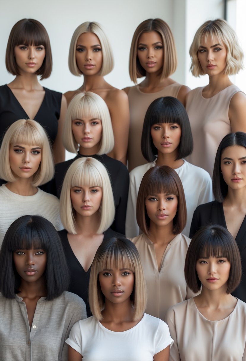 A group of thirteen women with different asymmetrical bob haircuts posing together in a bright studio.