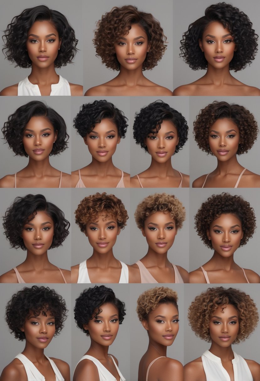 Eleven women with short curly hair posing together in a studio with a neutral background.