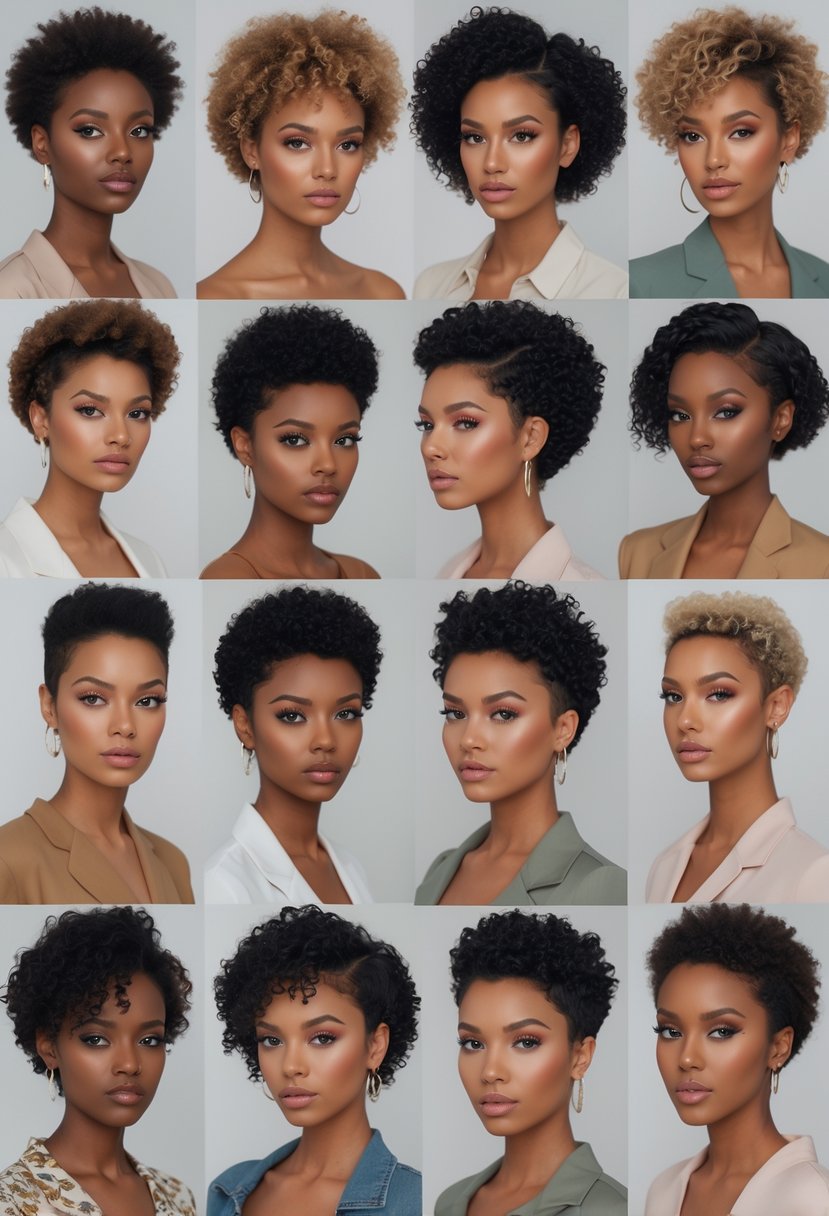 Thirteen women with different curly pixie short haircuts posing together in a studio setting.