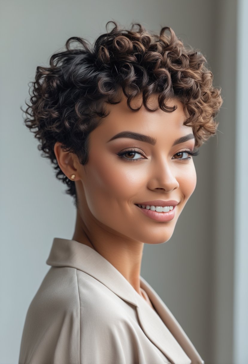 A young woman with short curly hair smiling against a plain background.