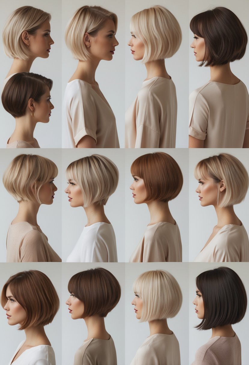 A group of thirteen women standing together, each with a short stacked bob haircut, posing in a studio with a plain background.