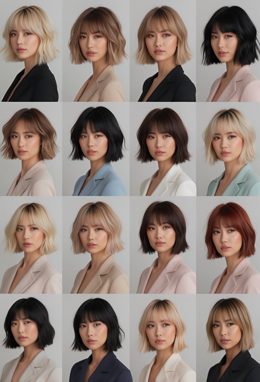 A group of women with various tousled lob short haircuts posing together in a studio setting.