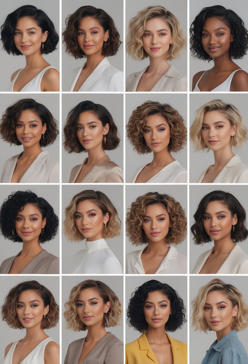A group of women with various short curly lob hairstyles posing in a bright studio.