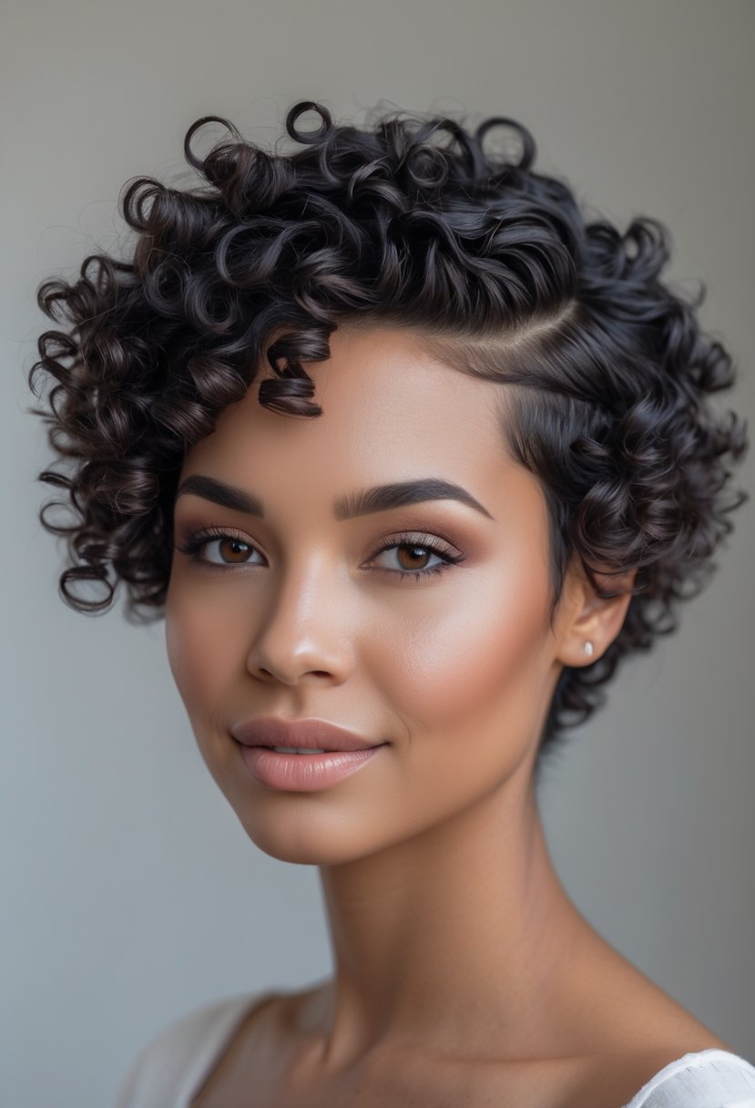 Portrait of a person with short curly hair styled to highlight their cheekbones, against a plain background.