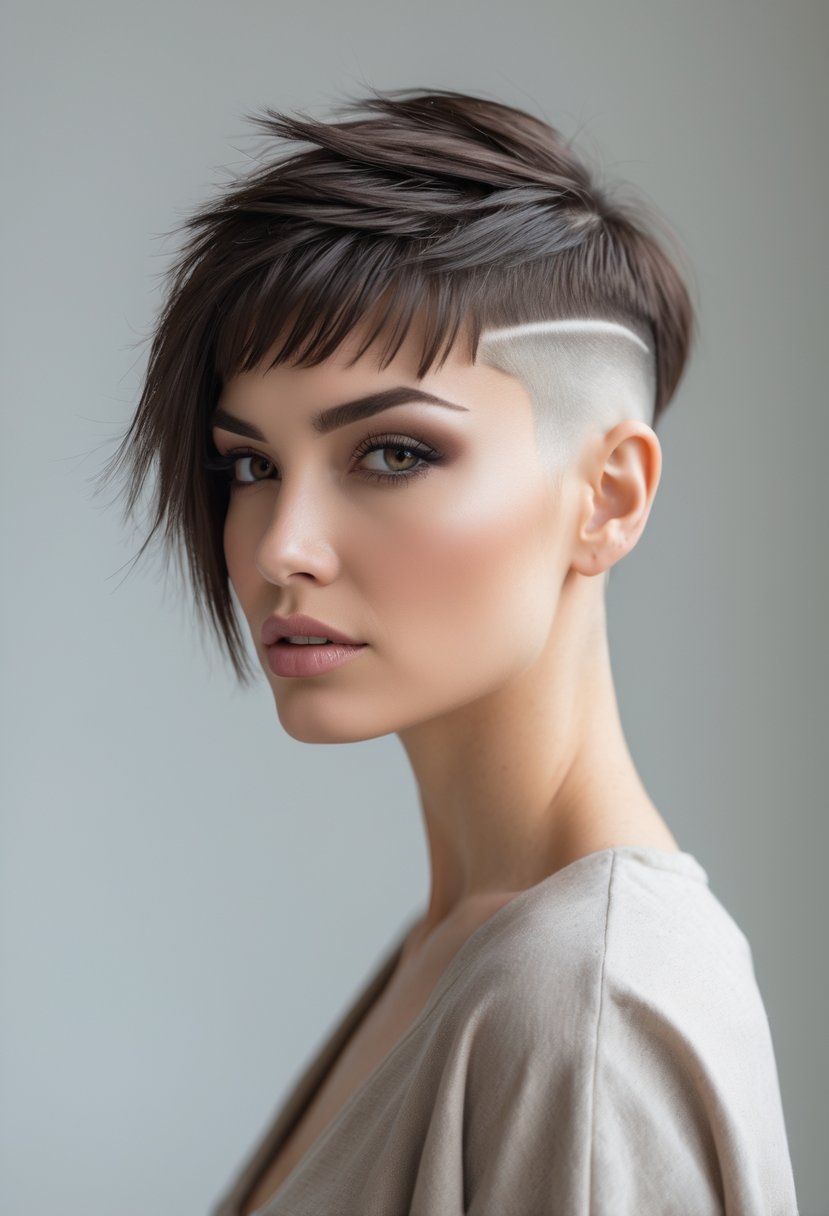 A woman with a short haircut featuring shaved sides and textured layers, looking confidently at the camera against a plain background.