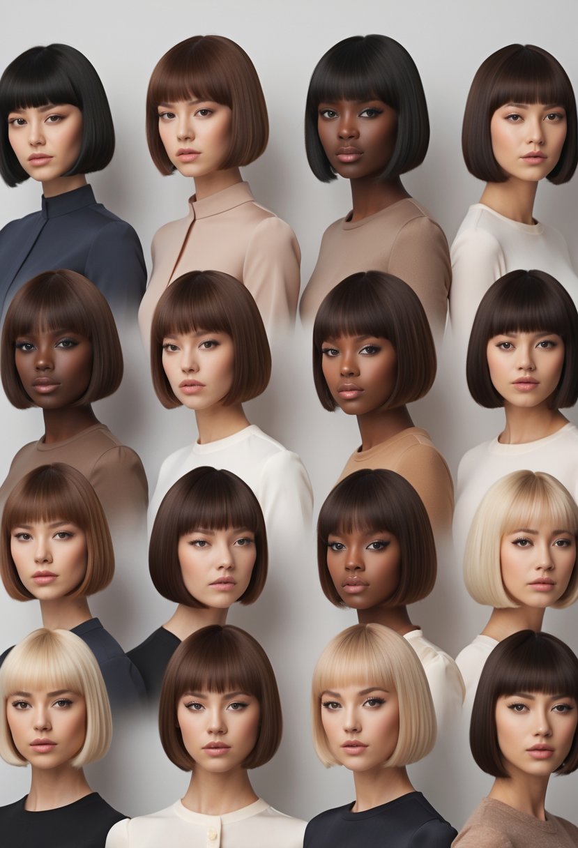 A group of thirteen women with short bob haircuts and side-swept bangs posing together in a studio.