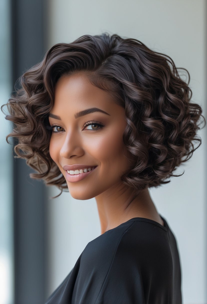 A woman with short curly hair styled in a layered bob, smiling and looking slightly to the side against a plain background.