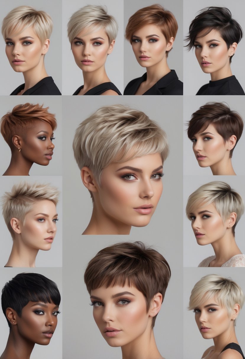Nine women with different short pixie haircuts standing together in a studio setting.