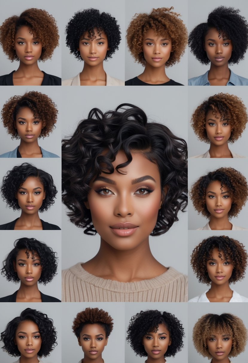 A group of people with short curly haircuts posing in a bright studio, showing natural curls and textured hairstyles.