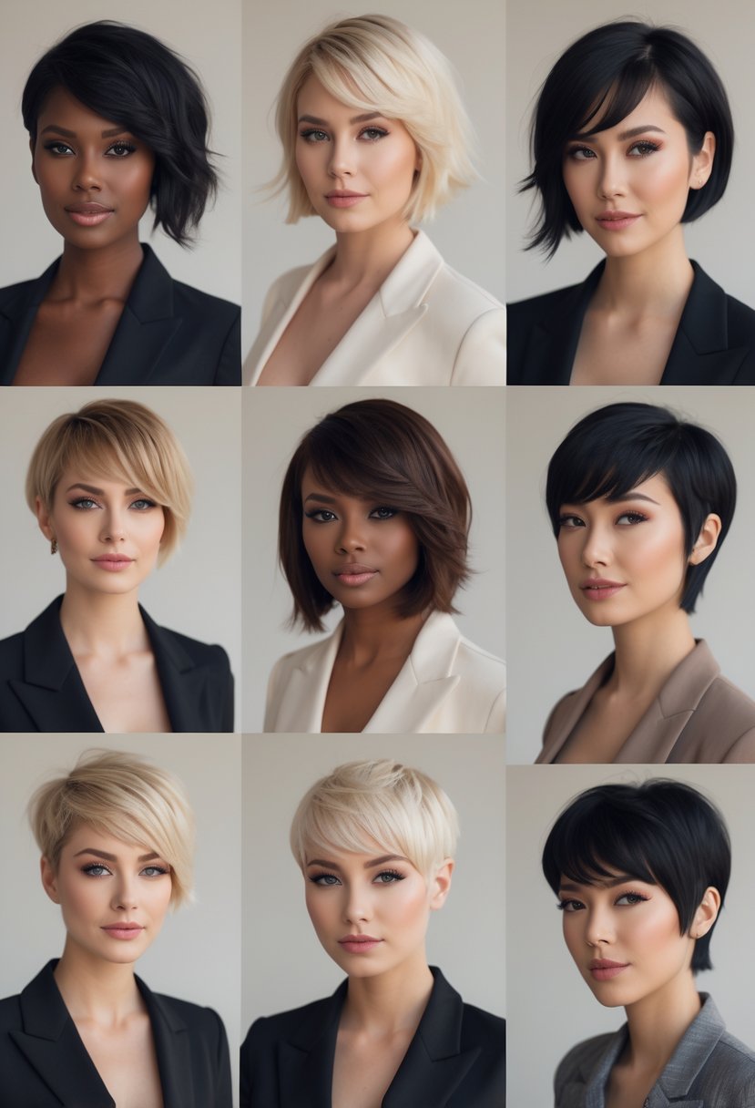 Nine women with short pixie haircuts and side bangs posing confidently against a neutral background.