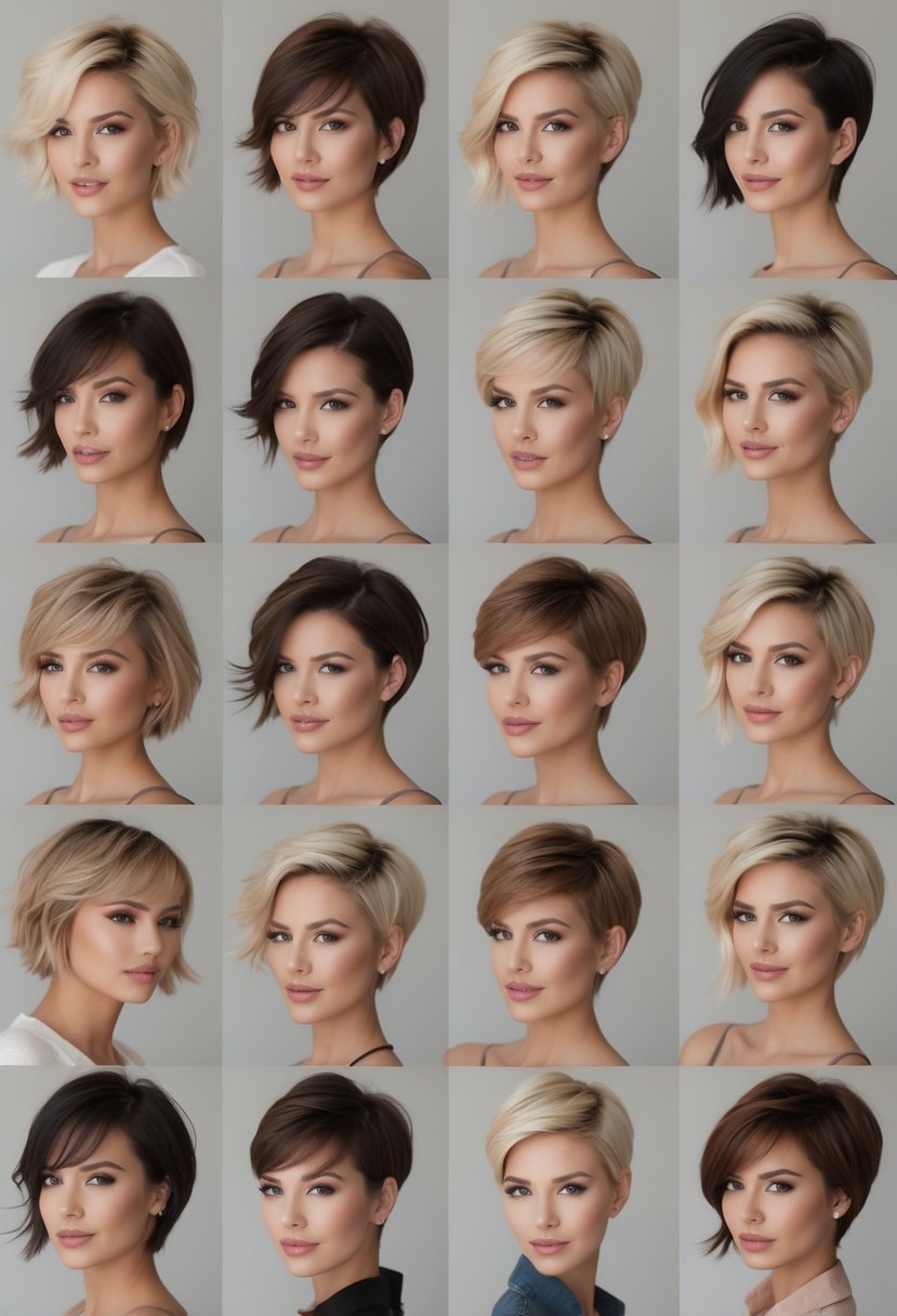 A group of women with various short haircuts posing confidently in a studio with a neutral background.