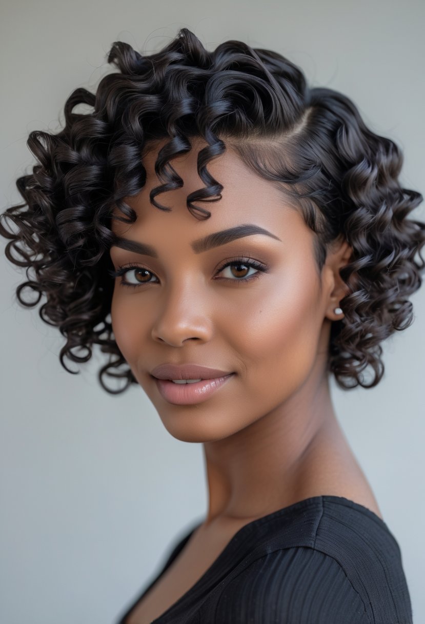 Close-up portrait of a person with short curly hair framing their face, smiling gently against a plain background.
