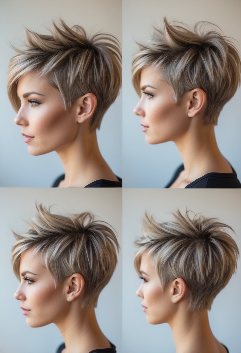 Close-up portrait of a woman with a short, textured pixie haircut against a neutral background.