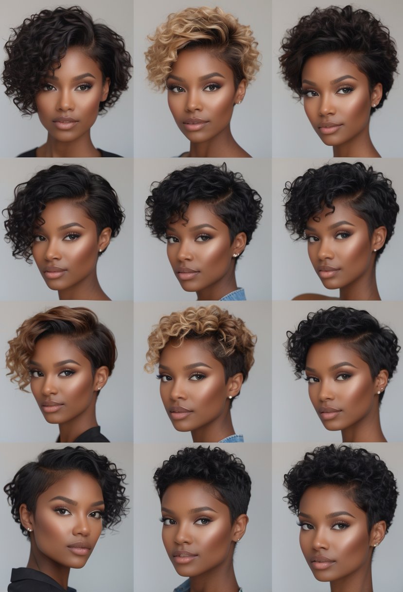 Nine women with different short curly pixie haircuts posing in a studio setting.