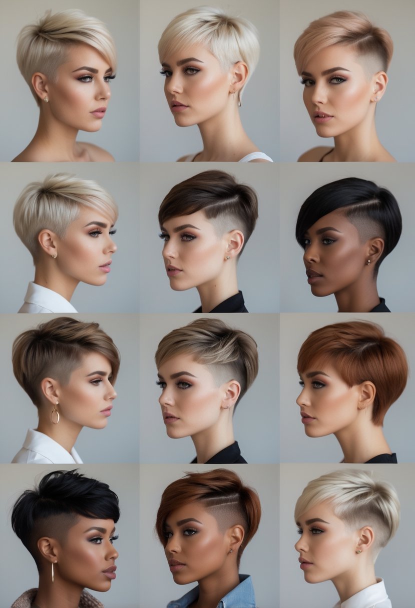 Nine women with different short pixie haircuts featuring shaved or closely cropped sides, standing against a neutral background.