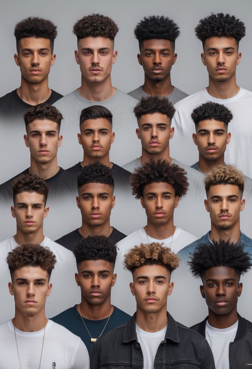 A group of 11 men with short curly haircuts featuring undercut styles with curly tops, standing together in a studio.