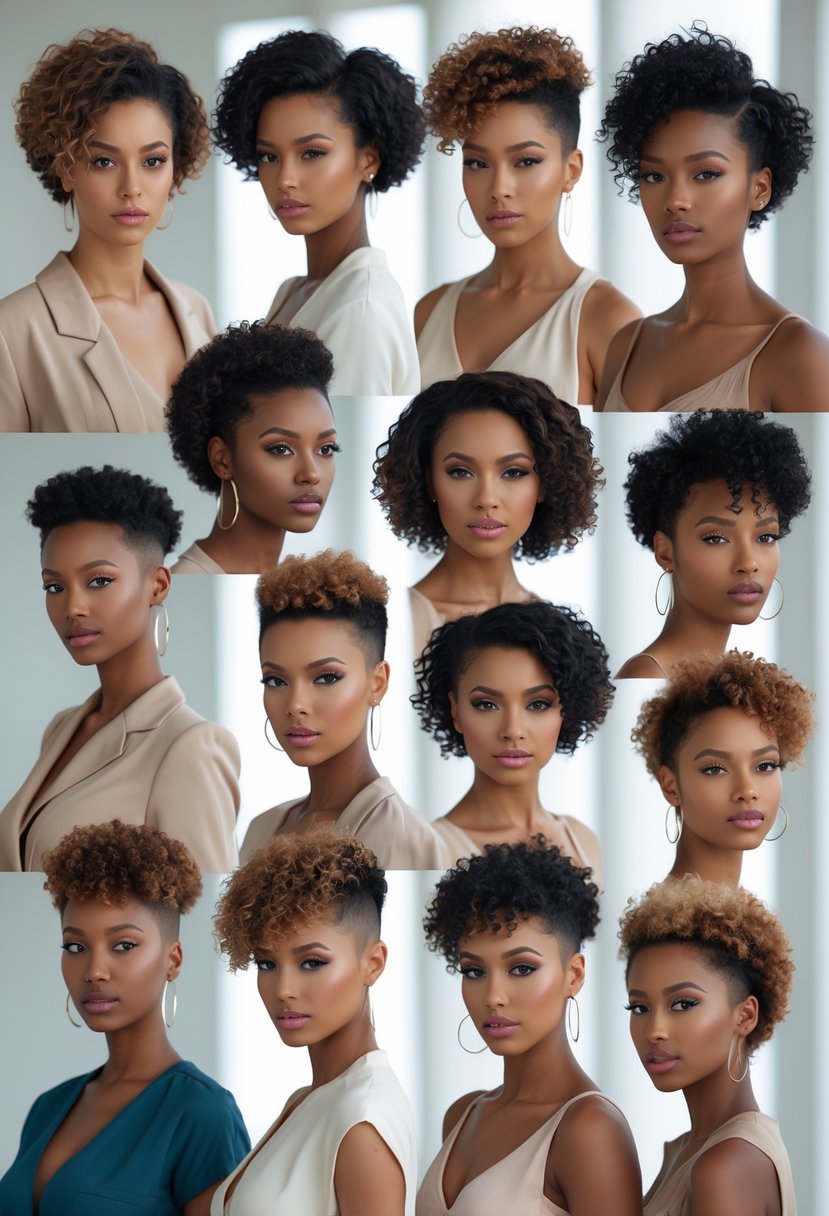 A group of women with short curly hair posing confidently in a bright studio setting.
