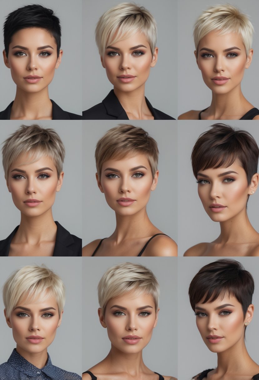 Nine women with different short pixie haircuts posing in a studio with a neutral background.