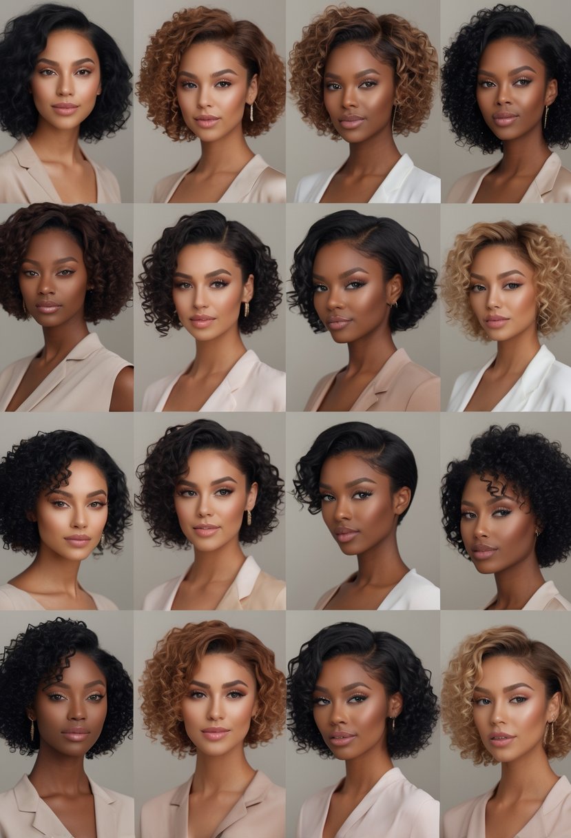 A group of 11 women with short curly haircuts, each showing healthy, well-defined curls, posing together in a studio with a plain background.