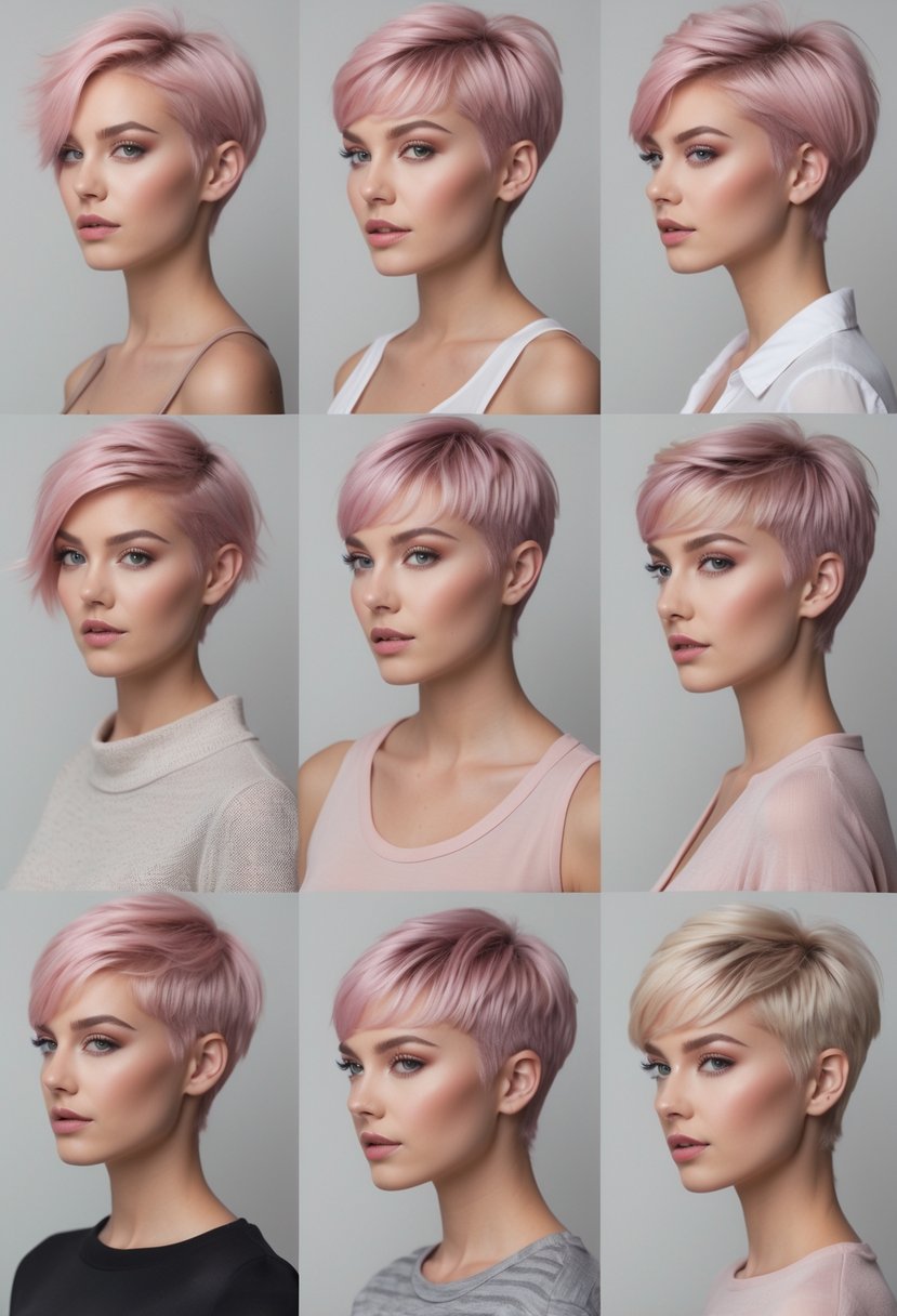 Nine women with different short pixie haircuts in pastel pink shades posing together in a studio with a neutral background.