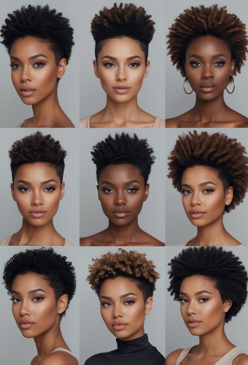 Seven women with different short natural haircuts posing together in a studio setting.