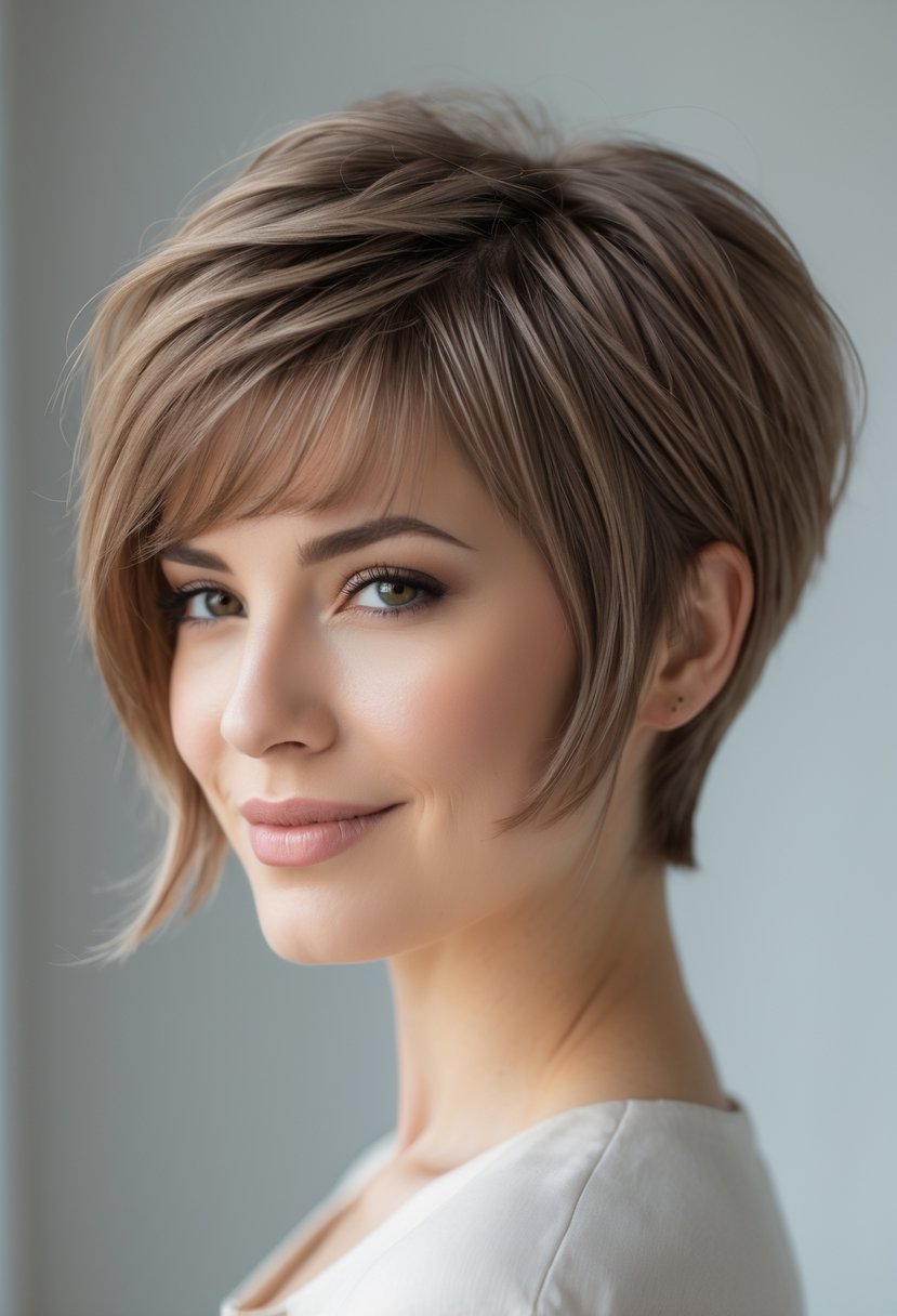 Portrait of a woman with a short layered pixie haircut and fringe, smiling softly against a neutral background.