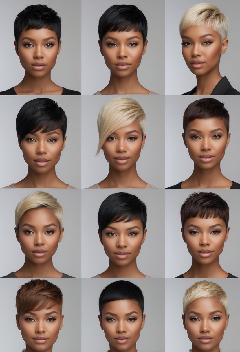 Nine women with short pixie haircuts posing together in a studio with neutral background.