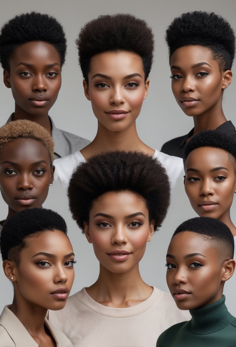 Seven people with short natural tapered Afro haircuts standing together in a studio with a neutral background.