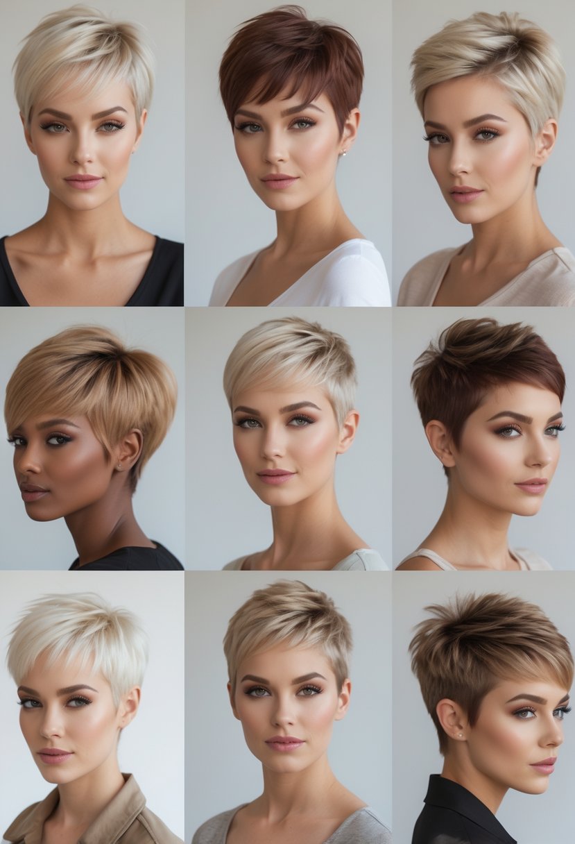 Nine women with different short pixie haircuts posing in a neutral studio setting.
